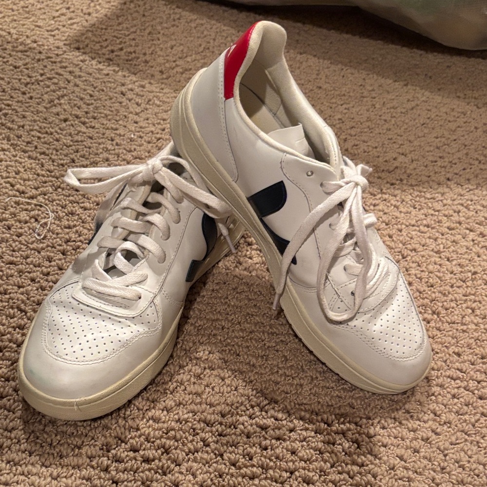 Veja White Leather Sneakers with Navy V and Red Heel Accent